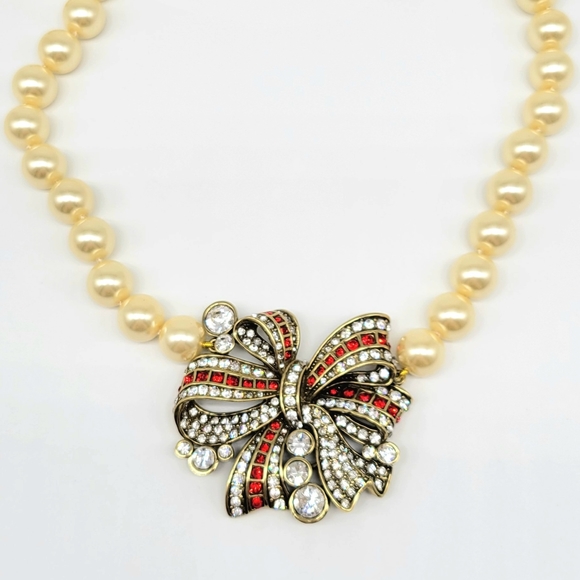 Heidi Daus Garnet and Diamond Swarovski Crystal Bow Necklace with Ivory Pearls - Picture 5 of 12